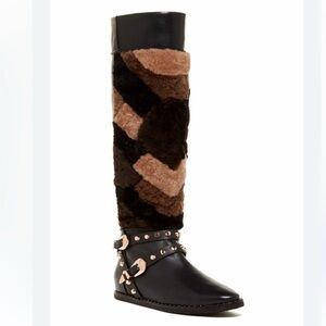 Ivy Kirzhner Sheepskin Leather Black and Brown Buckle Boots